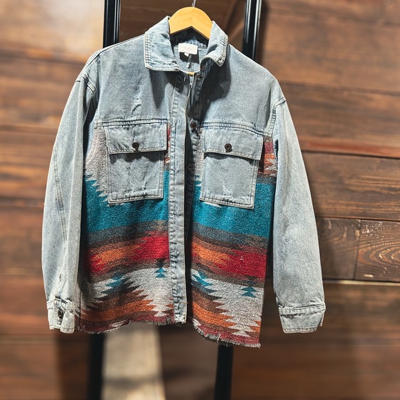 Denim Jacket with Southwestern Pattern - Picture 1 of 4